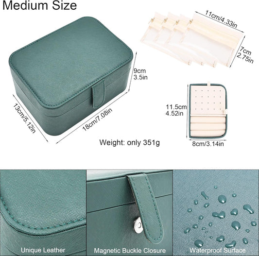 2 Layer Large Jewelry Travel Case with 4 Jewelry Pouches, PU Leather Portable Jewelry Storage Box, Medium Size Jewelry Organizer Box for Earrings, Necklaces, Bracelets (dark green)