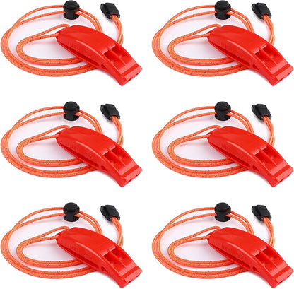 JULBEAR 6PCS Safety Survival Whistles with Adjustable Reflective Lanyard Emergency Plastic Whistle Marine Whistle