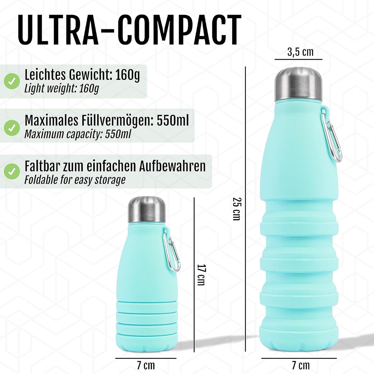 Foldable Drinking Bottle - BPA-free, leak-proof - Ideal festival accessory and practical outdoor companion with carabiner (Turquoise)