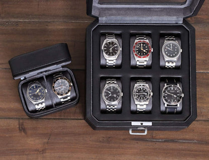 ROTHWELL Gift Box with 6 Slots Leather Watch Box and 2 Watches Travel Case - Storage Box Holder with Glass Top (Black/Grey Gift Box)