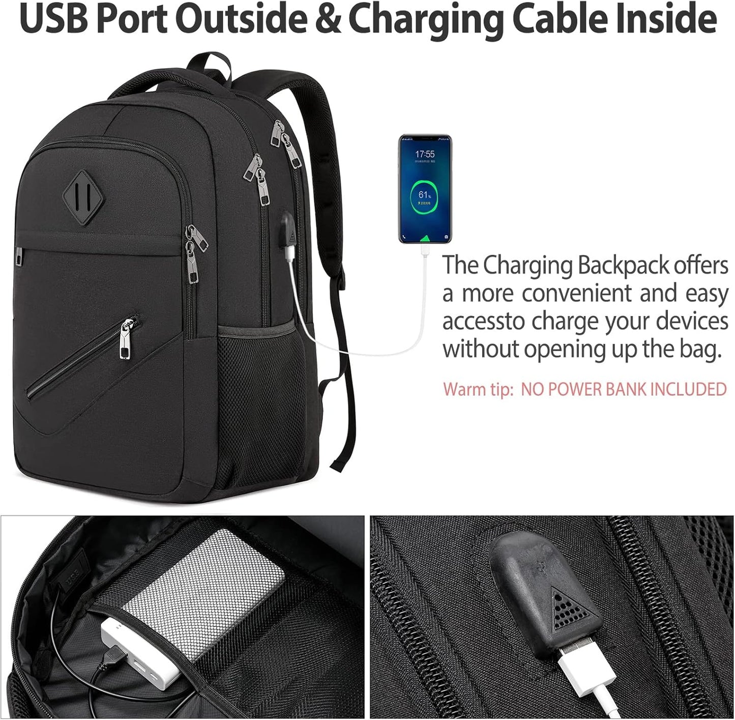 Backpack for Men and Women, School Backpacks for Teen Boys Girls, Water Resistant Sturdy Anti Theft Travel Laptop Backpack, Black Student Bookbag Fits 15.6 Inch Laptop with USB Charging Port, Gifts