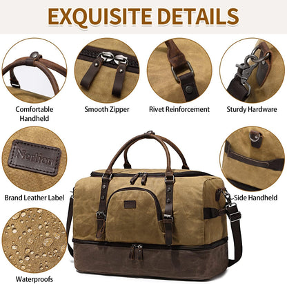 Nerlion Weekender Bag with Shoe Compartment Large Overnight Bag for Men Canvas Genuine Leather Carry on Luggage Bag Travel Duffel Bag(Brown)