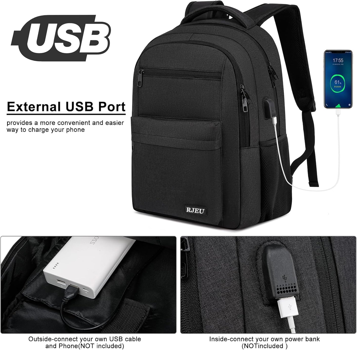 School Backpack for Teen Boys 15.6 Inch, USB Charging Port & Anti-Theft Water Resistant - School Bookbag College Business Ergonomic Backpack for Men Women, Black