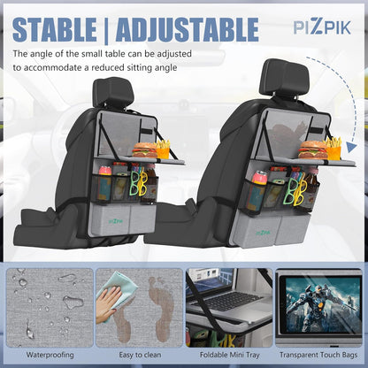 Car Backseat Organizer with Tablet Holder,11 Storage Pockets with Foldable Food Tray, Protector Kick Mats for Kids, Travel Accessories Organizer (Gray, 1Pack)