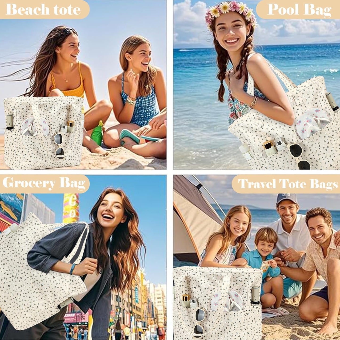 LEDAOU Beach Bag Waterproof Sandproof Women Tote Bag Pool Bag with Zipper for Gym Grocery Travel with Wet Pocket