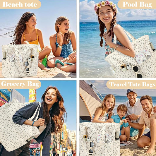 LEDAOU Beach Bag Waterproof Sandproof Women Tote Bag Pool Bag with Zipper for Gym Grocery Travel with Wet Pocket