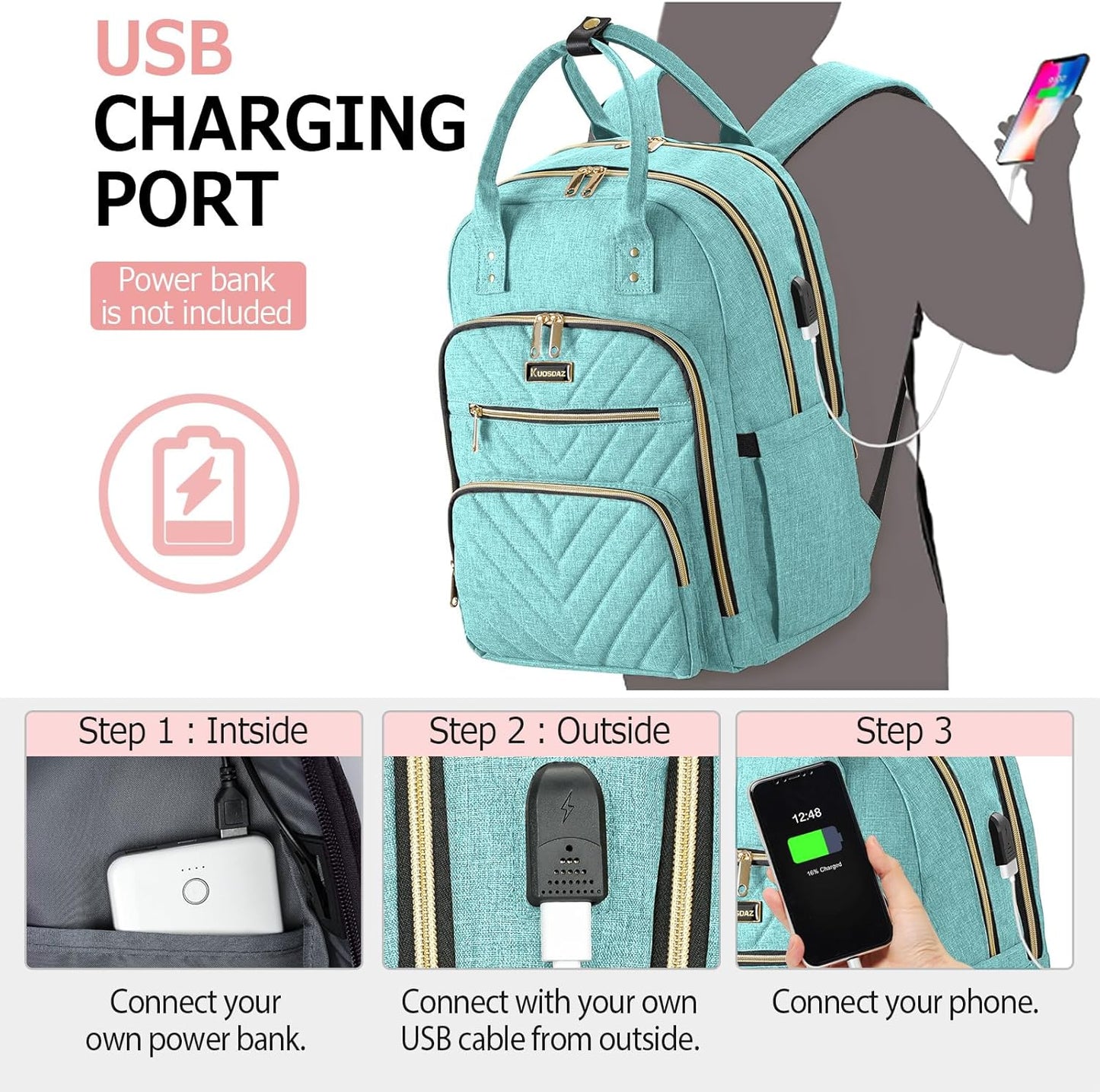 Laptop Backpack for Women, High School Bookbag for Girls with USB Port Charging, 15.6 Inch Water Resistant Computer Bag for Work, Travel College Back Pack Purse Gifts for Student Teacher, Light Green