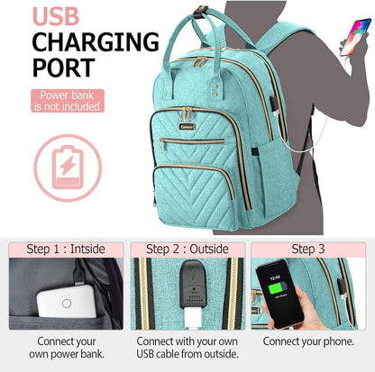 Laptop Backpack for Women, High School Bookbag for Girls with USB Port Charging, 15.6 Inch Water Resistant Computer Bag for Work, Travel College Back Pack Purse Gifts for Student Teacher, Light Green