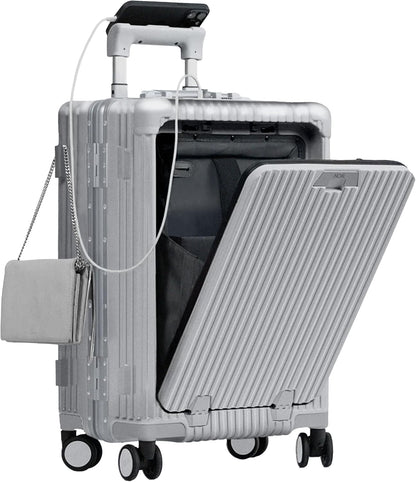 Nobl Travel Carry On Luggage, Noble Zipperless Aluminum Frame PC Hard Shell Suitcase, 20.8"x15"x8.7" Airline Approved, 360° Spinner Wheels, TSA Locks, USB Charging Port, Cup & Phone Holder - Silver