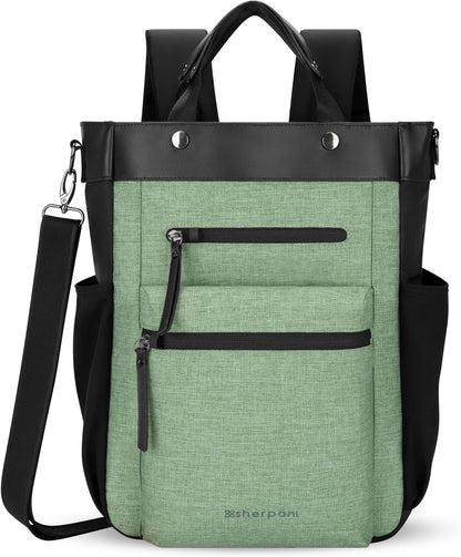 Sherpani Soleil, Anti Theft Convertible Backpack, 3 in 1 Tote Bag, Crossbody Bag, Cross Body Purse, 18L Travel Backpack for Women, RFID Protection, Metal Hardware Fits 13” Laptop (Basil Pro)