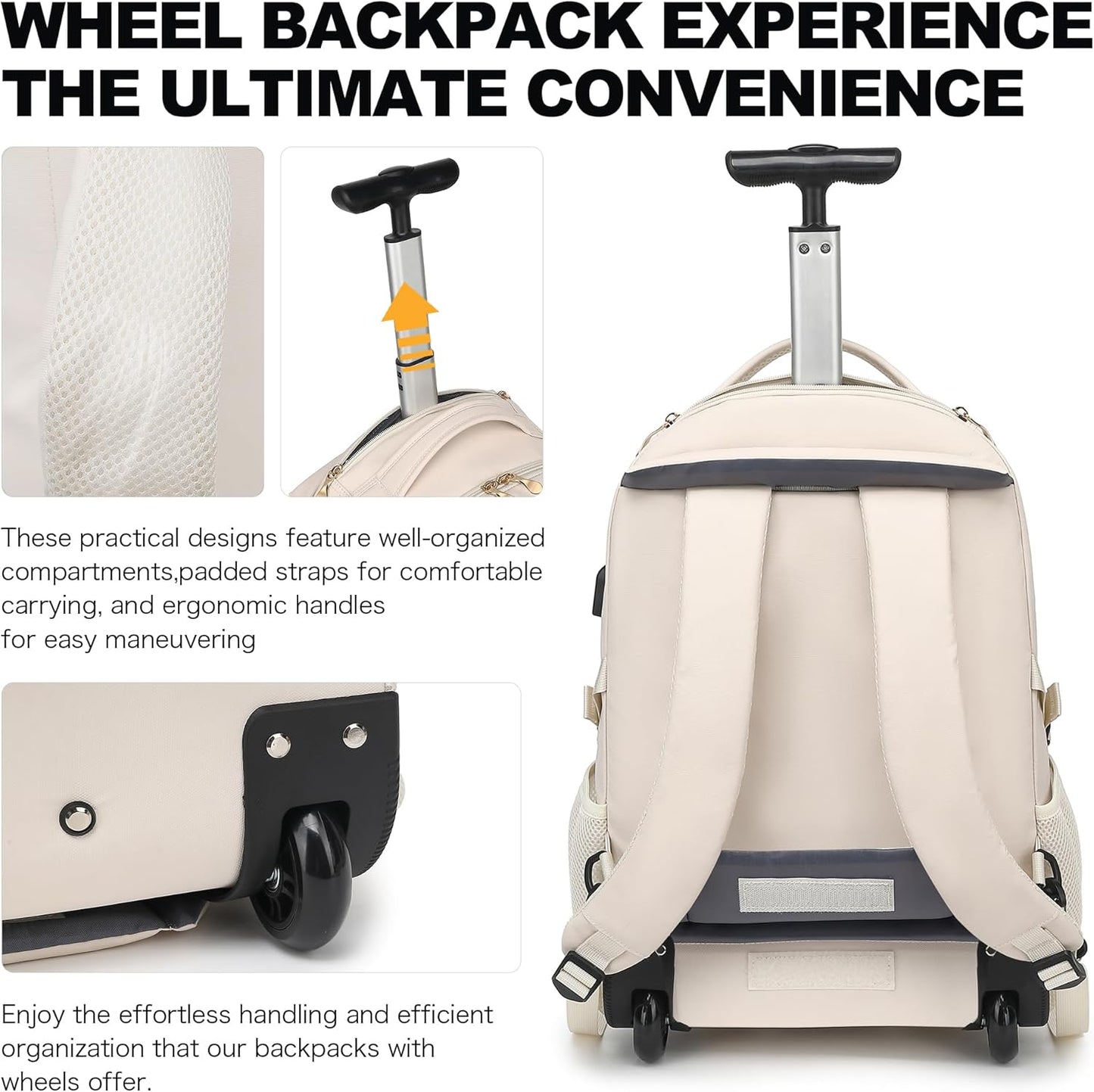 Boavan Rolling Backpack for Women, 17.3 Inch Wheeled Laptop Backpack,Large Travel Carry-On Bag for Teachers College Students, USB Charging Port Waterproof Business for Airplane Overnight Luggage，Beige