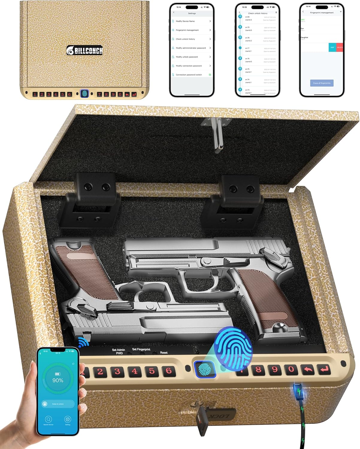 BILLCONCH Gun Safe for Handgun - Biometric Pistol Safe 4 Ways Quick Access with Fingerprint/Full-digital Keypad/Key/APP Lock and Security Cable for Nightstand Bedside Home - Limited Gold