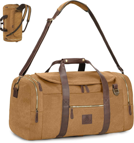 Vintage Canvas Duffle Bag, 50L Genuine Leather Travel Duffel Backpack Multifunctional Overnight Weekender Bag with Shoes Compartment Men (Coffee)