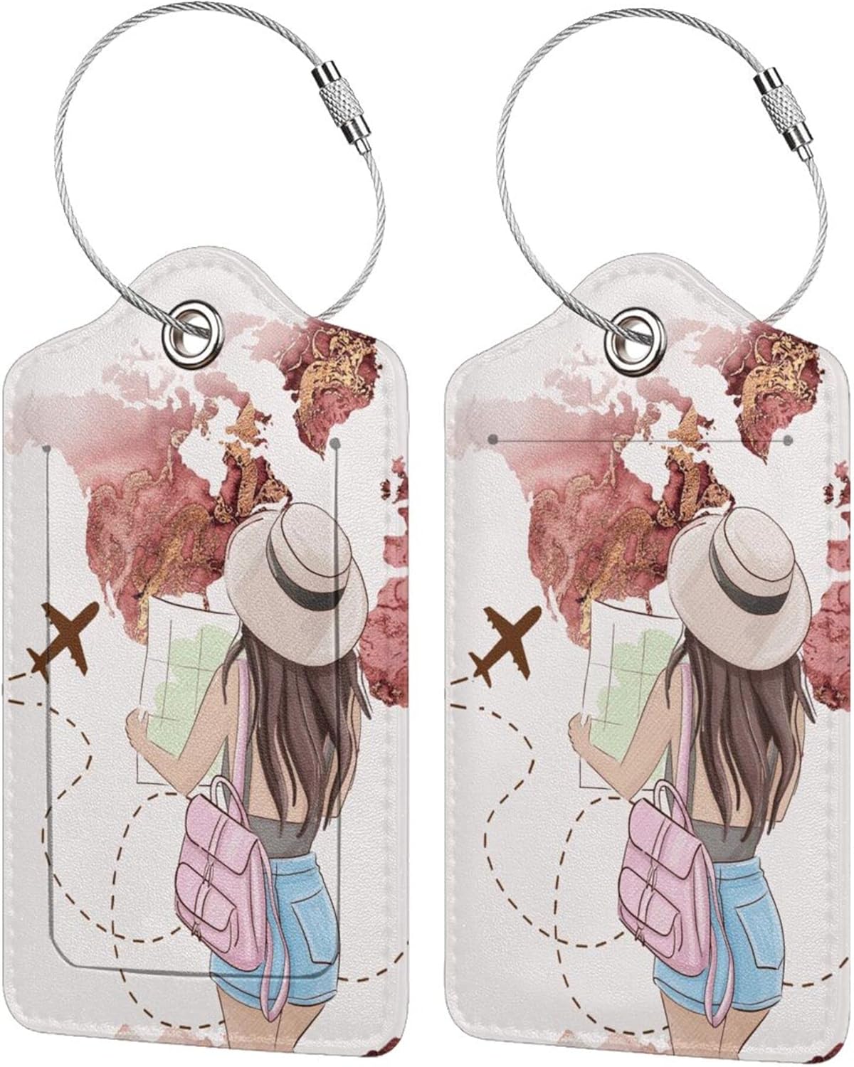 2 Pack Luggage Tags for Suitcase,Travel Girl PU Leather Travel Luggage Tag with Privacy Flap, Name ID Label and Metal Loop for Women Men Suitcase Baggage Bag Backpack