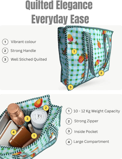 Cotton Quilted Tote Bag for Women – Large Beach & Travel Tote with Zipper, Reusable Grocery Bag