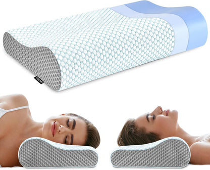 Memory Foam Pillows Neck Pillow Bed Pillow for Sleeping, Ergonomic Cervical Pillow for Neck and Shoulder Pain Relief,Orthopedic Contour Pillow for Side Back Stomach Sleeper(Blue&Grey)