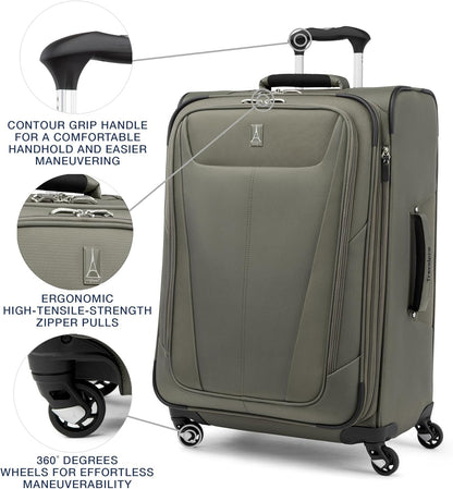 Travelpro Maxlite 5 Softside Expandable Checked Luggage with 4 Spinner Wheels, Lightweight Suitcase, Men and Women, Slate Green, Checked Medium 25-Inch
