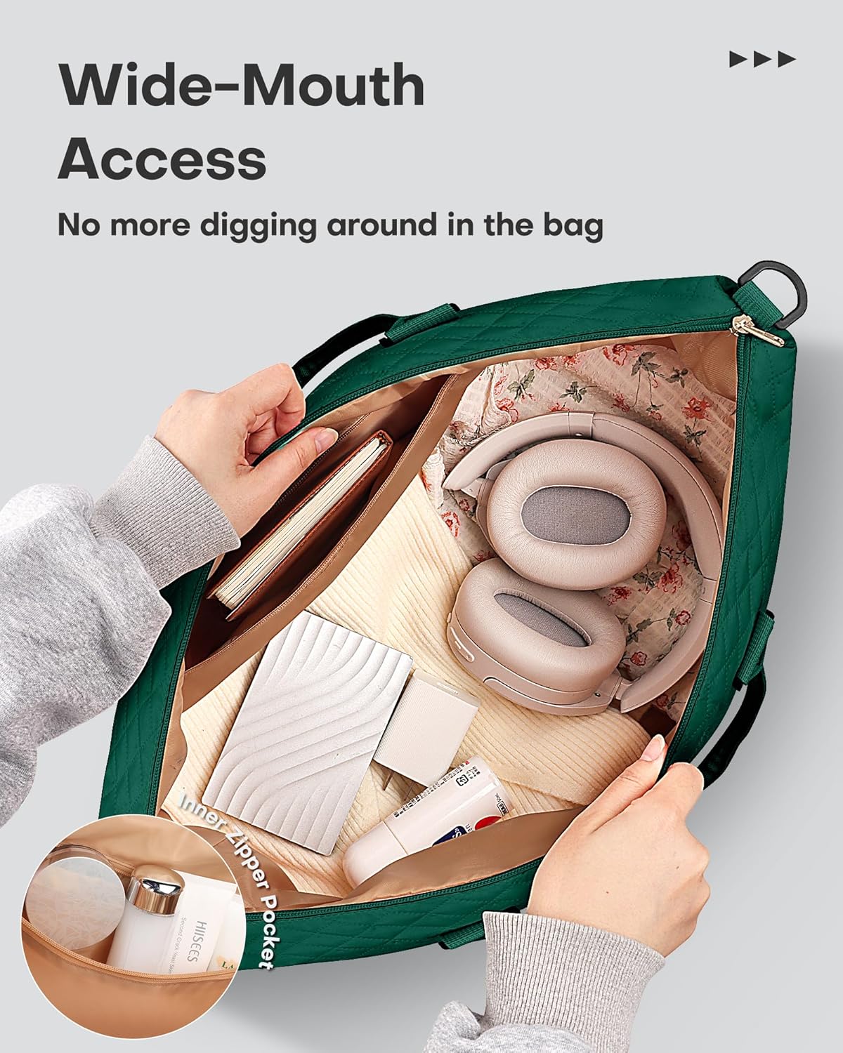 HOTOR Travel Duffel Bag - Weekender Bags for Women, Carry On Overnight Bag with Shoe Compartment, with Toiletry Bag for Travel Essentials and Travel Accessories, Dark Green, 13.4"×17.3"×7.9"