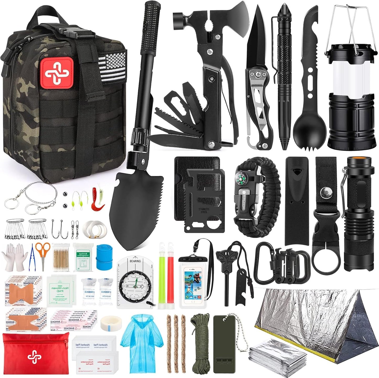 Survival Kit, 250Pcs Survival Gear First Aid Kit with Molle System Compatible Bag and Emergency Tent, Emergency Kit for Earthquake, Outdoor Adventure, Hiking, Hunting, Gifts for Men Women