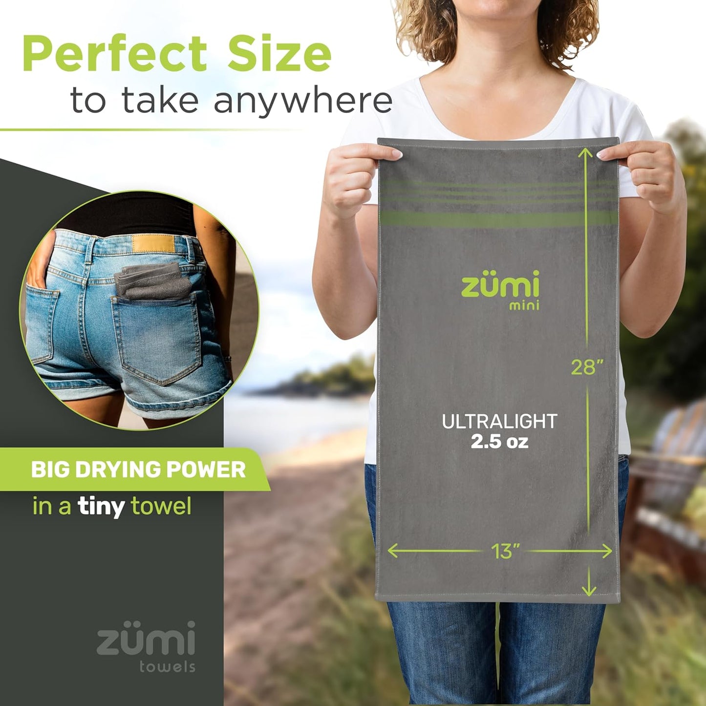 Zumi MINI 100% Cotton Camping Travel Towel - Small, Ultralight, Fast Drying, Highly Absorbent, Soft and Gentle on The Skin, Safe for The Planet (28"x13" Gray)