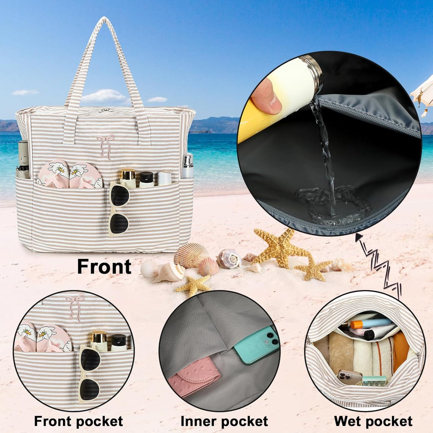 Beach Pool Bags Tote for Women Ladies Large Gym Tote Carry On Bag With Wet Compartment for Weekender Travel Waterproof