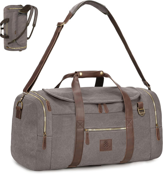 Vintage Canvas Duffle Bag, 50L Genuine Leather Travel Duffel Backpack Multifunctional Overnight Weekender Bag with Shoes Compartment Men (Grey)
