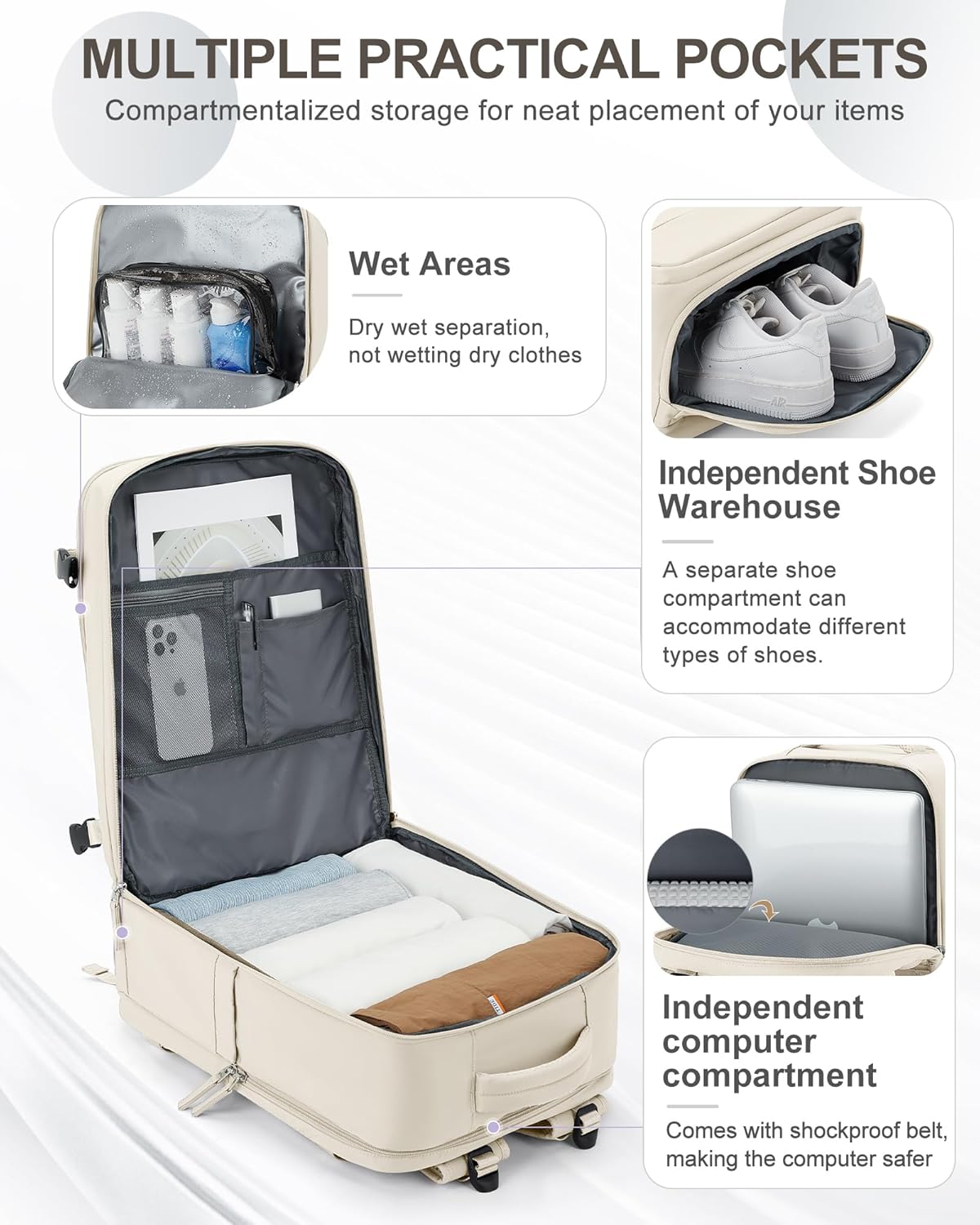 coowoz Large Travel Backpack Carry On for Women Man Gym Backpacks with Laptop Compartment Mochila de Viaje Teacher Personal Item Backpack Rucksack Airplane Accessories Must Haves Beige