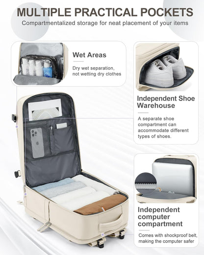 coowoz Large Travel Backpack Carry On for Women Man Gym Backpacks with Laptop Compartment Mochila de Viaje Teacher Personal Item Backpack Rucksack Airplane Accessories Must Haves Beige