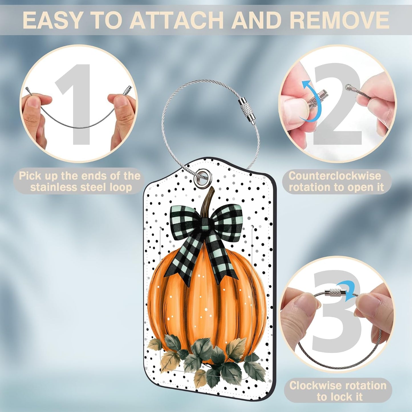 Pumpkin with Checkered Bow Set of 2 Luggage Tags for Suitcases Black Polka Dot Leather Suitcase Tags Identifiers with Privacy Name Label and Stainless Steel Loop for Women Travel Luggage Accessories