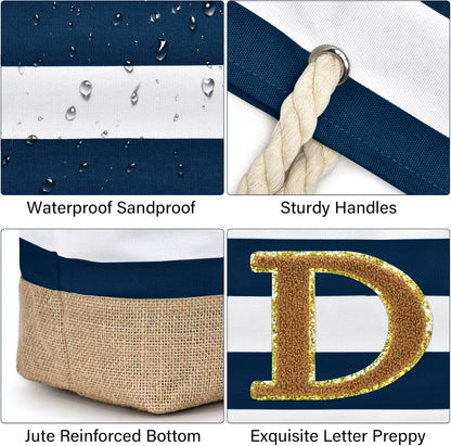 Becokan Beach Bag Initial Beach Tote with Makeup Bag for Travel Work Storage Personalized Birthday Gifts for Women Her