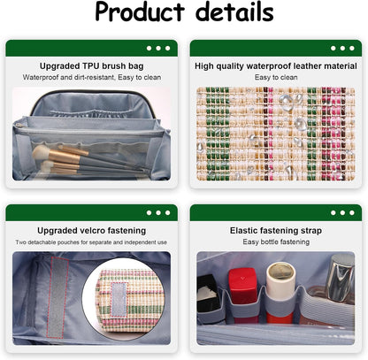 Travel Makeup Bag for Women: Large Capacity Open Flat Make up Bag Set of 3 - Vegan Leather Cosmetic Bag with Compartments - Waterproof Toiletry Bag with Handle & Divider(Green)