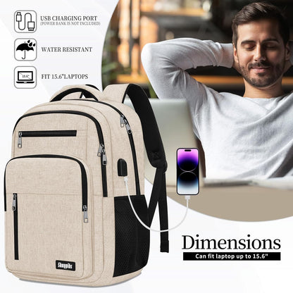 Beige Backpack for Men Women, School Backpack for Boys Girls Teens, 15.6 Inch Laptop Backpacks with USB Port, Water Resistent Book bag, Work College Bookbag, back pack, Mochila para hombre