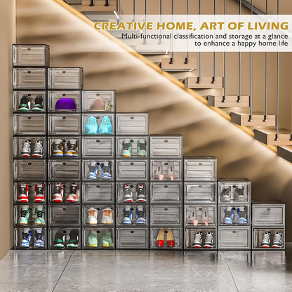 7 code Thicken & Sturdy Clear Shoe Storage Organizer with Magnetic Door, Stackable Boxes for Closet, Foldable Shoe Rack for Sneaker Boot Container, Plastic Shoe Cabinet Shoe Box 6 Pack, Black