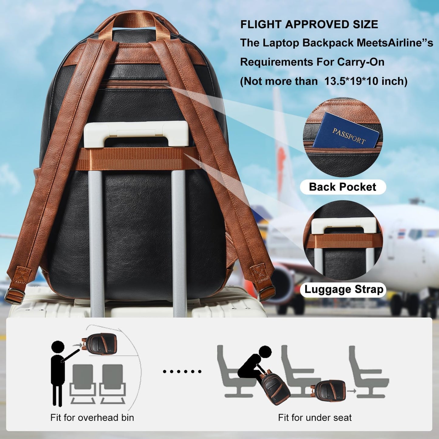 43L Backpack for Women Men - Vegan Leather Backpack Purse Travel Carry-on Bag College Bookbag Work fits 17" Laptop,Black&Brown