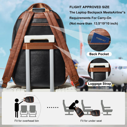 43L Backpack for Women Men - Vegan Leather Backpack Purse Travel Carry-on Bag College Bookbag Work fits 17" Laptop,Black&Brown
