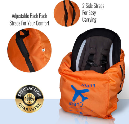 Car Seat Travel Bag and Carrier for Gate Check with Travel Pouch - Bright Orange with Blue Letters for Airport, Airplane Gate Check, Car Trips and Storage Double Backpack Straps | Carseat Bag for sto
