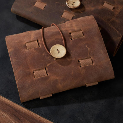 HARDISTON Custom Genuine Leather Electronic Cable Organizer Bag Handmade Travel Cord Organizer Roll Case for Hard Drives, Cables, Charger, Phone, USB, SD Card (Medium - Brown)