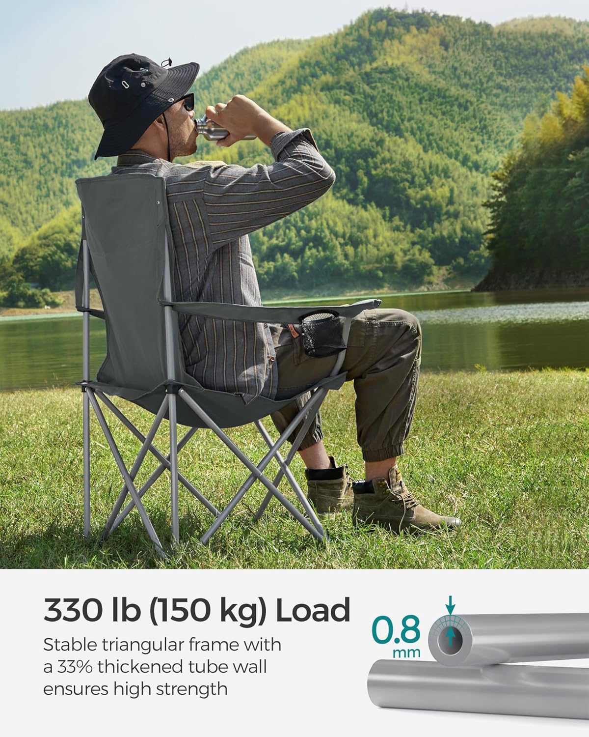 SONGMICS 2 Pack Folding Camping Chairs, Load 330 lb, Cup Holder and High Backrest, Heavy-Duty Structure, for Lawn, Garden, Fishing, Terrace