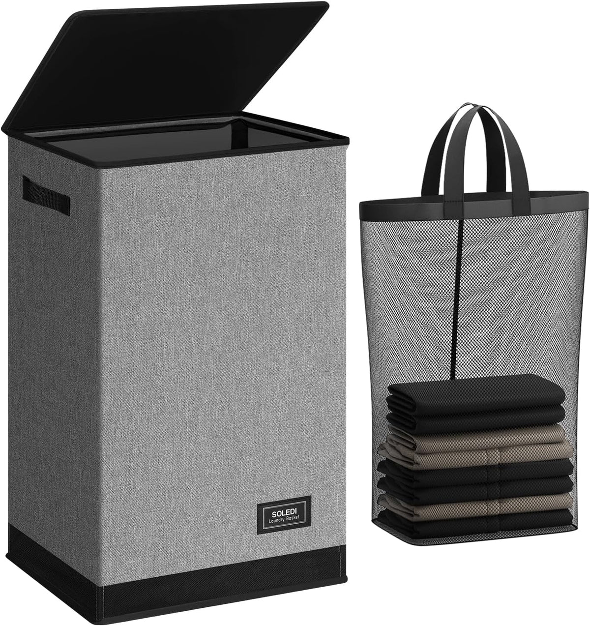 SOLEDI Laundry Hamper with Lid 90L Large & Tall Collapsible Laundry Basket, Clothes Hamper with Bag Removable Easy to Carry, Dirty Hampers for Bedroom, Bathroom, Dorm, College, Grey