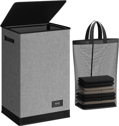 SOLEDI Laundry Hamper with Lid 90L Large & Tall Collapsible Laundry Basket, Clothes Hamper with Bag Removable Easy to Carry, Dirty Hampers for Bedroom, Bathroom, Dorm, College, Grey