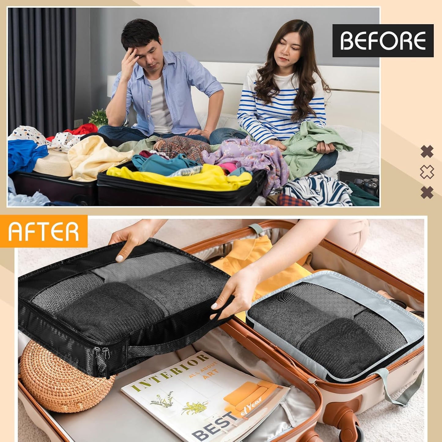 5 Pcs Packing Cubes for Suitcase Large Travel Cubes Carry on Luggage Organizer Bags for Clothes Accessories(Mixed,Apricot)