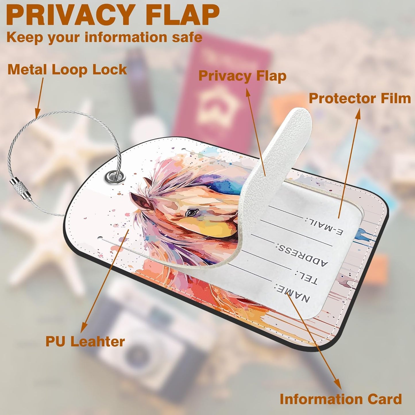 2 PCS Leather Luggage Tags for Suitcase Watercolor Horse Travel Luggage Tag with Privacy Flap Name ID Label and Metal Loop for Travel Bag Suitcase