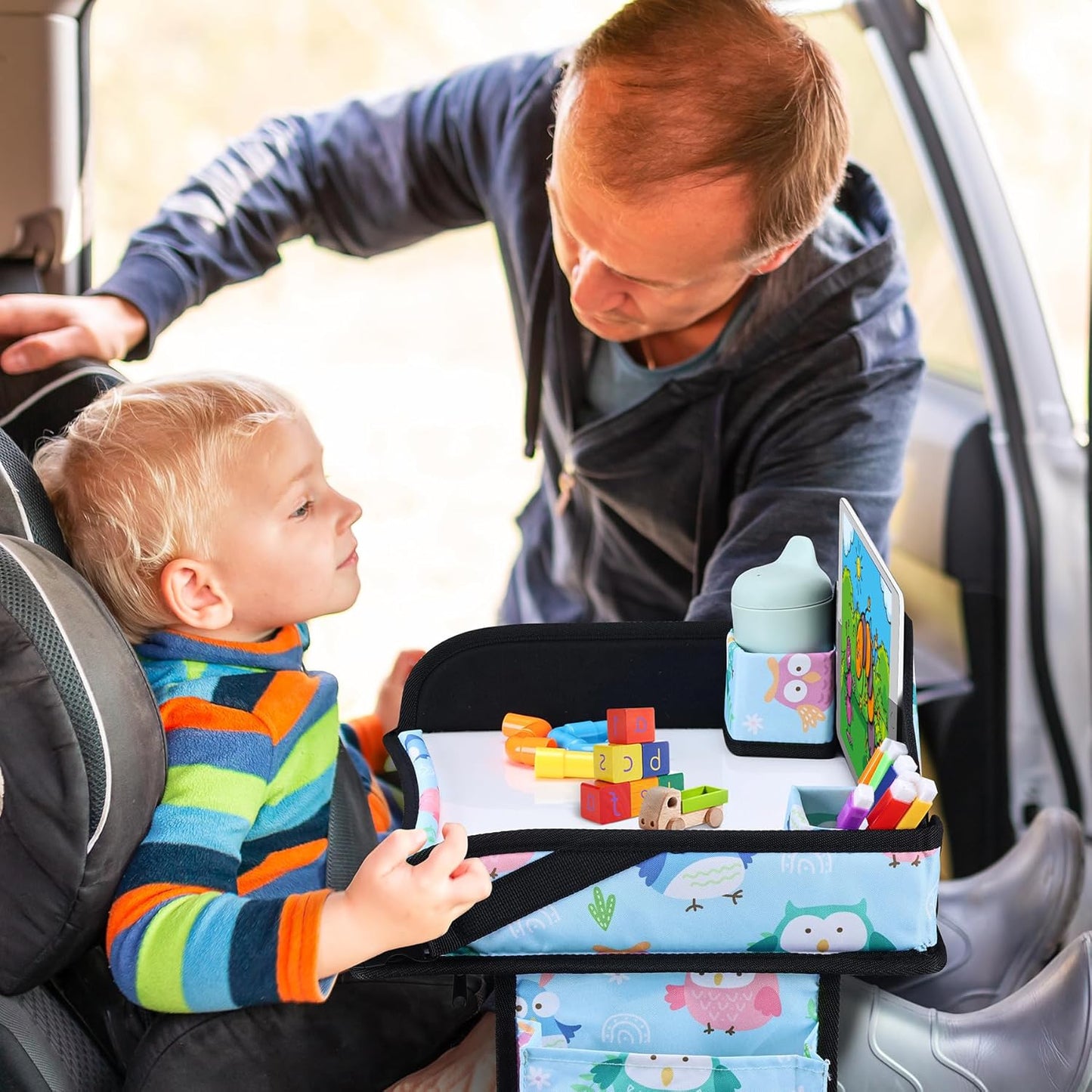Kids Travel Tray, Car Seat Tray for kids Travel, Toddler Road Trip Essentials With Drawing Kit, Toddler Lap Desk Organizer for Car, Carseat Table for Airplane