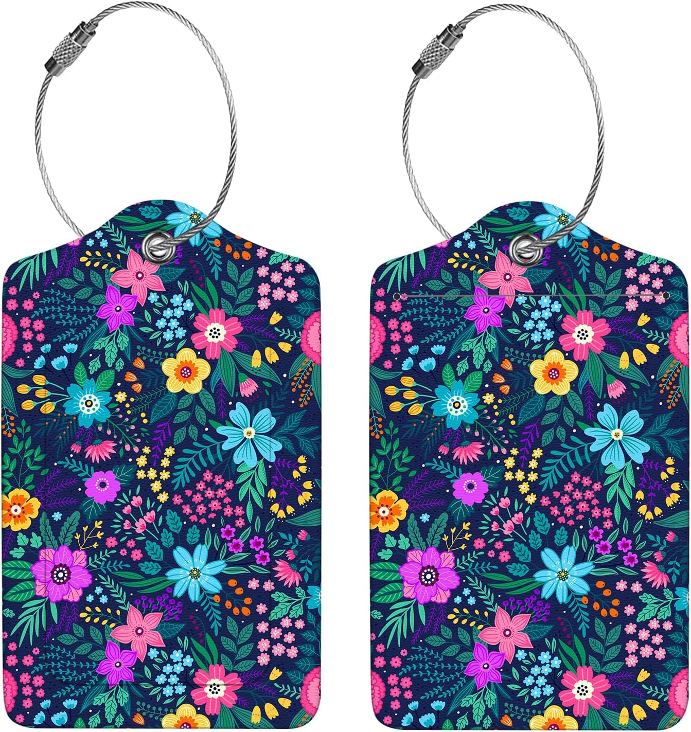 2 Pcs Luggage Tags for Suitcase, Cute Unique PU Leather Travel Bag Tag with Privacy Cover ID Label Address Card and Durable Metal Ring Suitable for Men Women Children Backpack,Purple Flowers