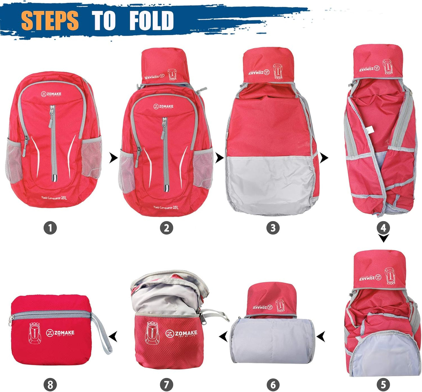 ZOMAKE Ultra Lightweight Packable Backpack 25L, Foldable Hiking Backpacks Water Resistant Small Folding Daypack for Travel(Red)