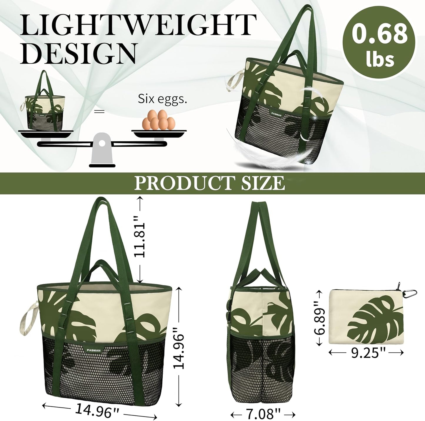 Beach Bag with Zipper - 8 Pockets Sandproof Beach Tote Bag for Women,Foldable Lightweight Family Swim Bag Vacation