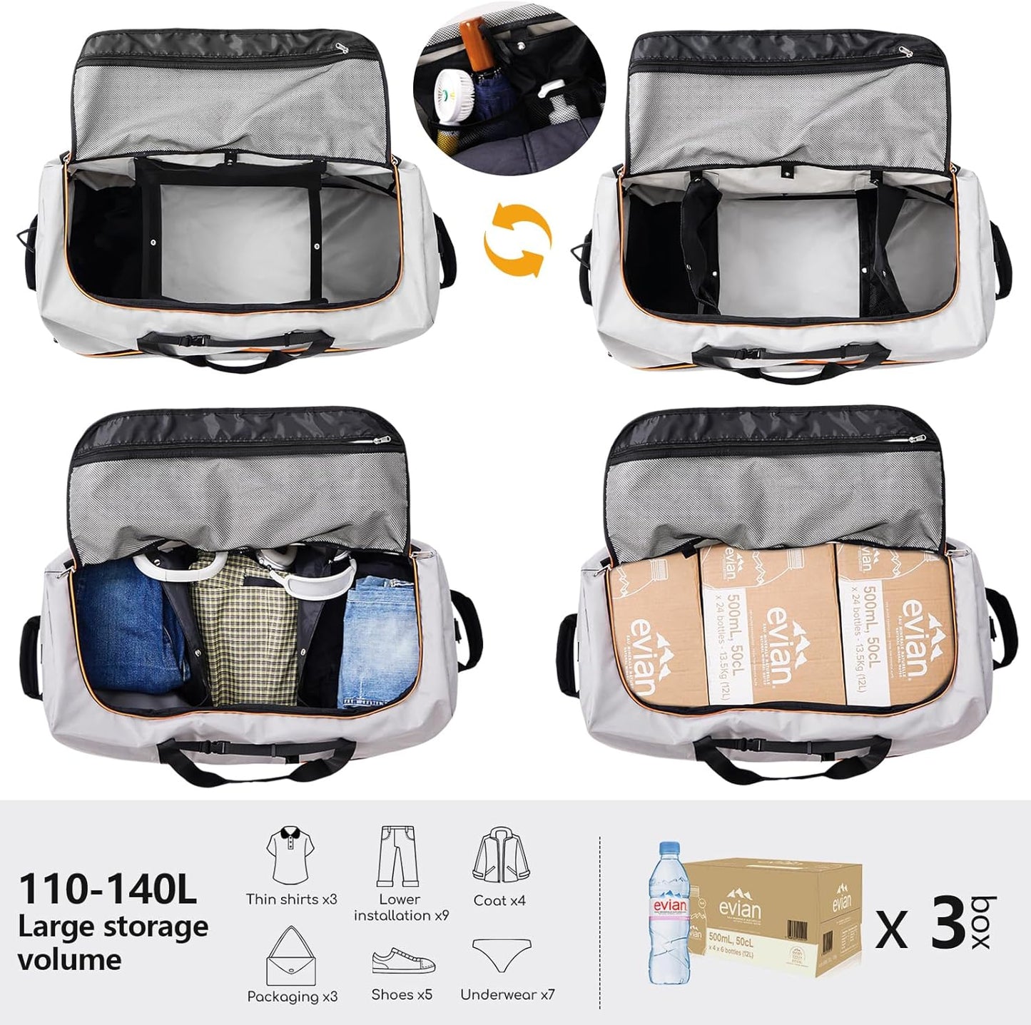CONTAIL 32" Soft-Sided Rolling Duffle Bag with 2 Wheels,Expandable from 110L to 140L, Foldable Travel Duffel with Multiple Compartments,Grey
