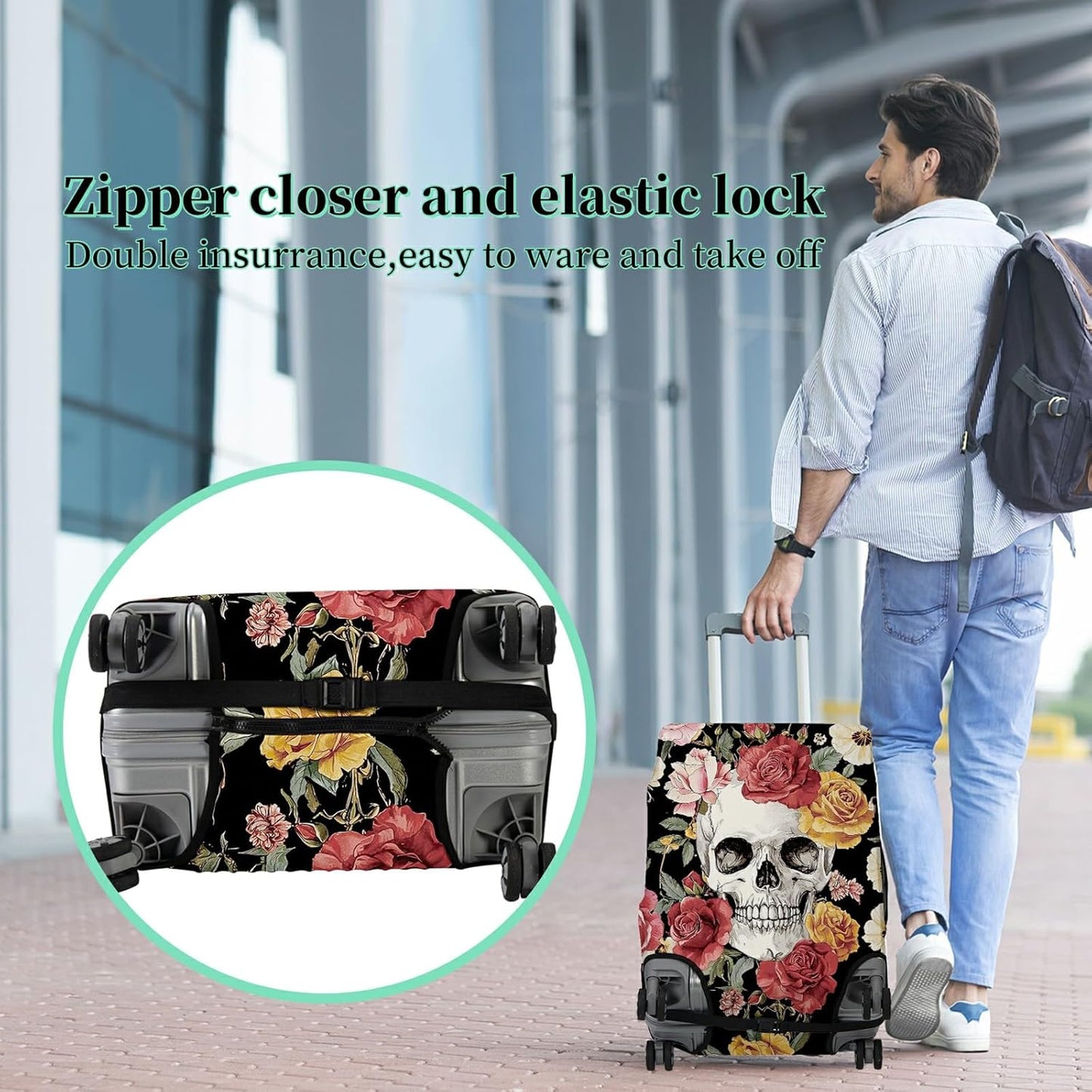 Luggage Cover Plus - Sugar Rose Skull Travel Suitcase Cover for 18-20 inch Luggage (S) with Concealed Zipper, Washable Elastic Cloth, Dustproof, Anti-Scratch
