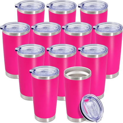 20 oz Tumbler Coffee Tavel Tumblers Bulk with Lid Stainless Steel Double Wall Vacuum Insulated Mug Powder Coated Cups fit Car Cupholder for Hot and Cold - Hot Pink, 12Pack