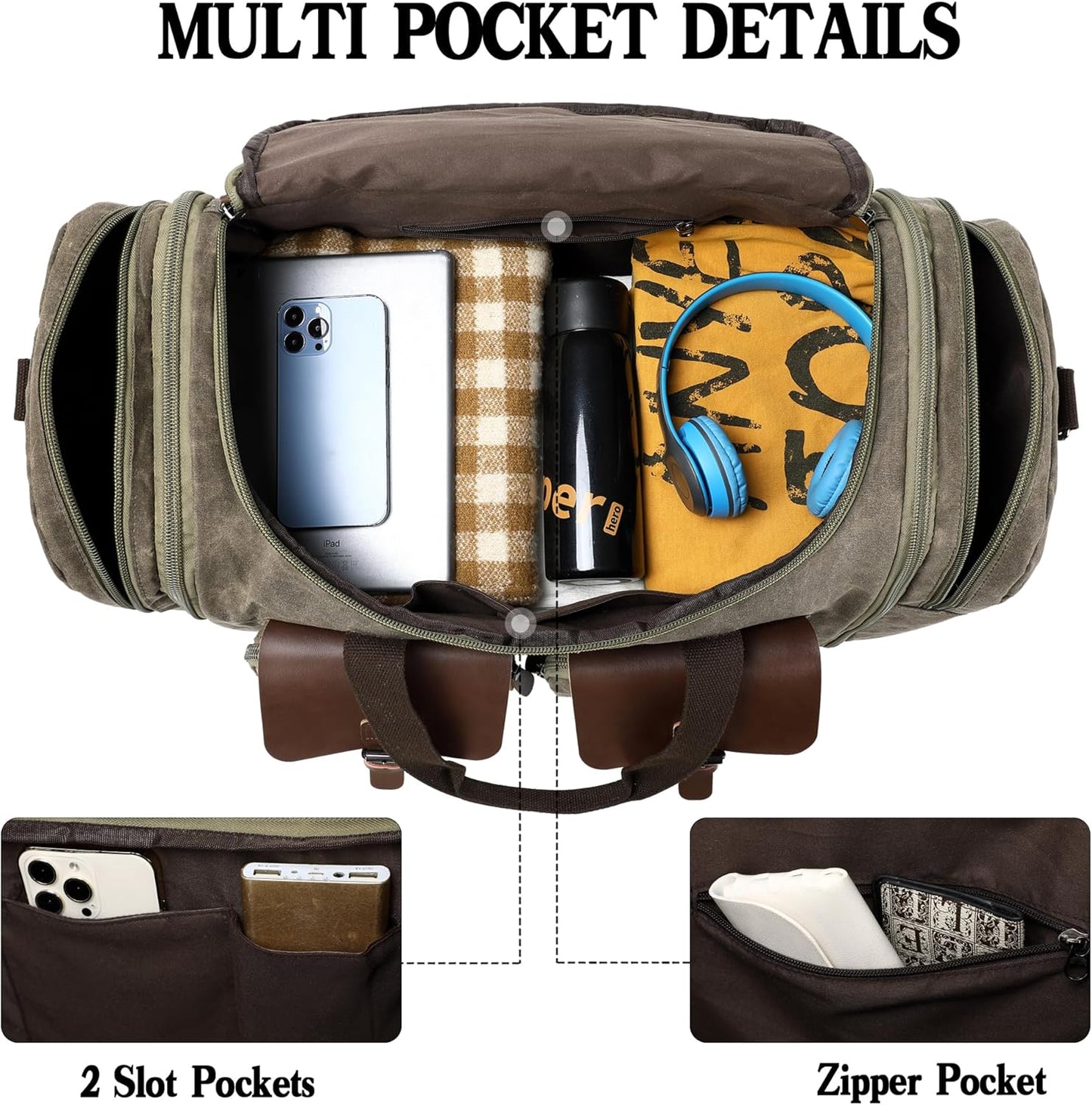 Waxed Canvas Duffle Bag for Men 50L Travel Duffel Bags Expandable Genuine Leather Duffel Overnight Weekender Carry On Bag Two Zipper Pockets Travel Bag (Vintage Grey, Large-50L)